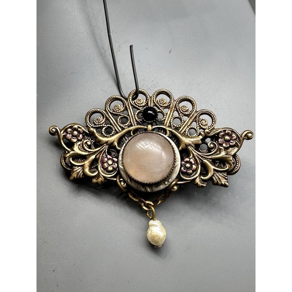 Vintage Rose Quartz & Freshwater Pearl Art Nouveau Brooch Pin